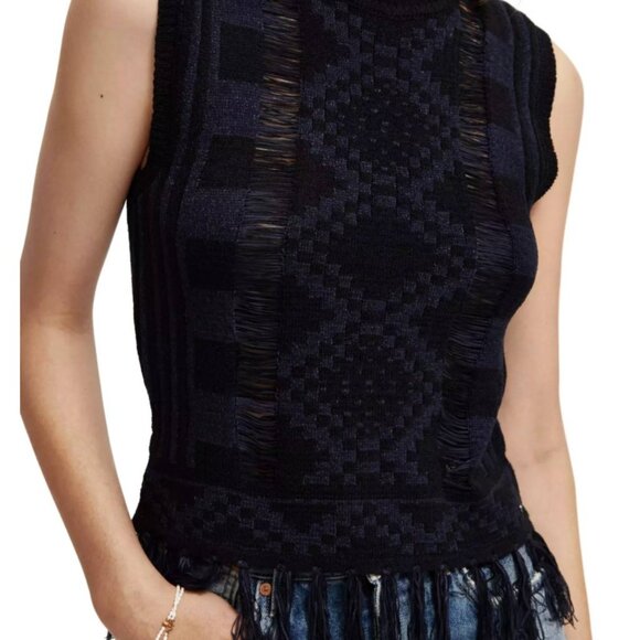 Scotch & Soda Open Knit Fringed Sleeveless Blue and Black Crew Neck Sweater Sz S - Picture 7 of 10